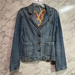 Tempo Denim Jean Jacket Embroidered Collared 2 Yellow Red Y2K 90s Size 4